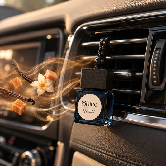 Ambientador de coche Caramelo & Vainilla de Shiro Candles Studio colocado en la rejilla de ventilación, con aroma dulce, cálido y envolvente para el interior del coche.
