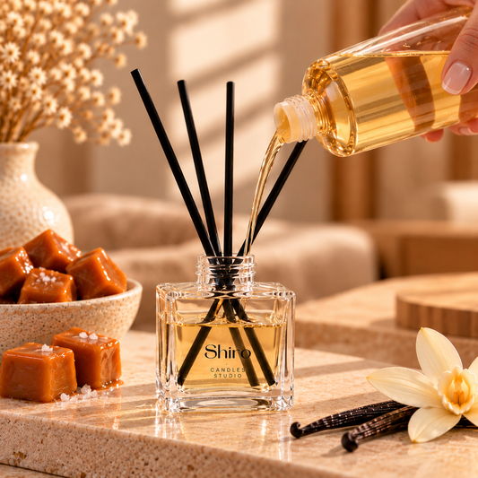 Recarga para mikado Caramelo & Vainilla de Shiro Candles Studio vertiéndose en un difusor de varillas, con aroma dulce, cremoso y envolvente para perfumar el hogar.