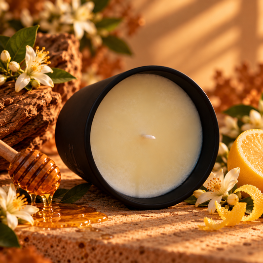 Vista superior de vela aromática de soja con aroma a miel, limón y flor de azahar, en recipiente negro y rodeada de miel, cítricos y flores blancas.