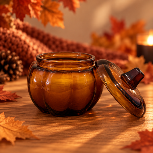 Vela aromática de soja Calabaza Especiada de Shiro Candles Studio en recipiente de vidrio ámbar con forma de calabaza y tapa decorativa, en ambiente otoñal.