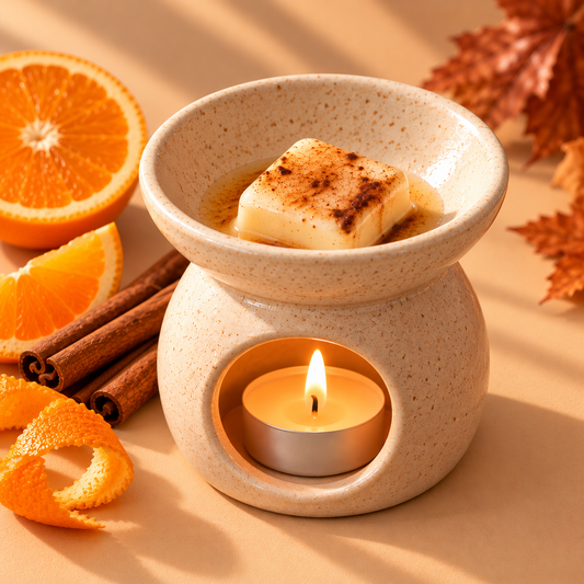 Wax melt Canela & Naranja de Shiro Candles Studio derritiéndose en un quemador de cera, con aroma cítrico, especiado y cálido para perfumar el hogar.