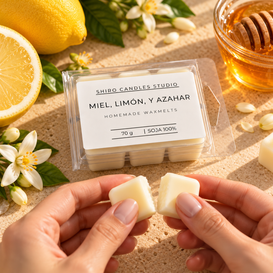Manos rompiendo una porción de wax melts de cera de soja con aroma a miel, limón y flor de azahar, mostrando su uso junto al envase de Shiro Candles Studio.