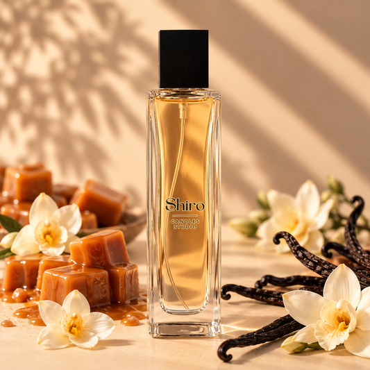 Perfume de hogar Caramelo & Vainilla de Shiro Candles Studio en frasco de 100 ml, con aroma dulce, cremoso y envolvente para perfumar el hogar.
