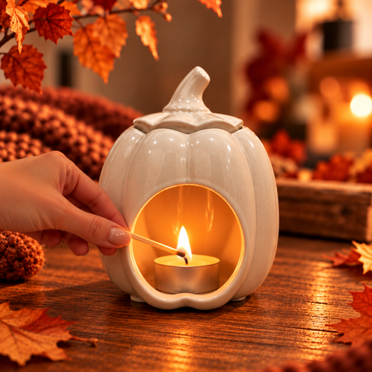 Quemador de wax melts de cerámica con forma de calabaza de Shiro Candles Studio, con vela de té encendida a mano en un ambiente otoñal cálido y acogedor.