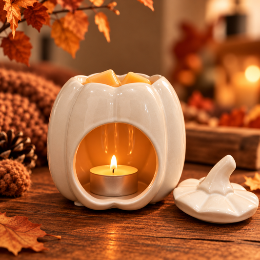 Quemador de wax melts de cerámica blanca con forma de calabaza de Shiro Candles Studio, con tapa decorativa retirada y vela de té encendida en un ambiente otoñal.