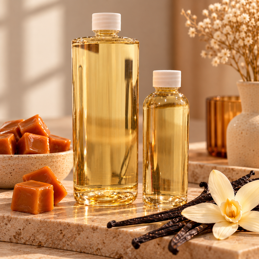 Recambios para mikado Caramelo & Vainilla de Shiro Candles Studio en formatos de 150 ml y 500 ml, con aroma dulce, cálido y envolvente para perfumar el hogar.
