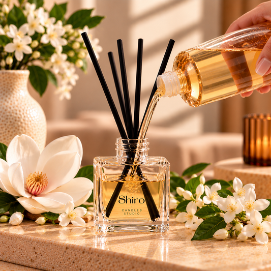 Recarga para mikado Jazmín & Magnolia de Shiro Candles Studio vertiéndose en un difusor de varillas, con aroma floral elegante, fresco y envolvente para perfumar el hogar.