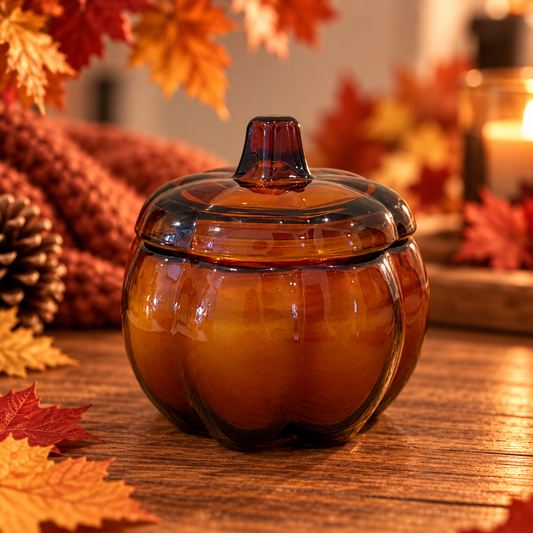 Vela aromática de soja Calabaza Especiada de Shiro Candles Studio en recipiente de vidrio con forma de calabaza y dos pabilos de algodón, ideal para crear un ambiente otoñal cálido y acogedor.