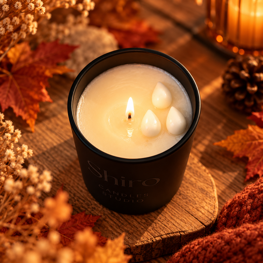 Vela aromática de soja Lluvia de Otoño de Shiro Candles Studio encendida en recipiente oscuro, decorada con gotas de cera y presentada en un ambiente otoñal cálido y acogedor.