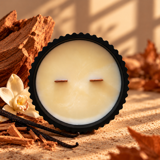 Vela aromática de soja con sándalo, vainilla y cedro, con dos mechas de madera y estética cálida, amaderada y otoñal de Shiro Candles Studio.