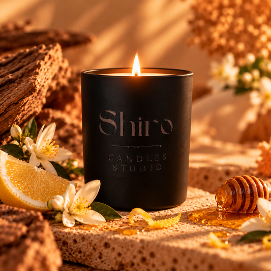 Vela aromática de soja de 376 g con aroma a miel, limón y flor de azahar, en recipiente negro de Shiro Candles Studio, con ambiente cálido, cítrico, floral y envolvente.