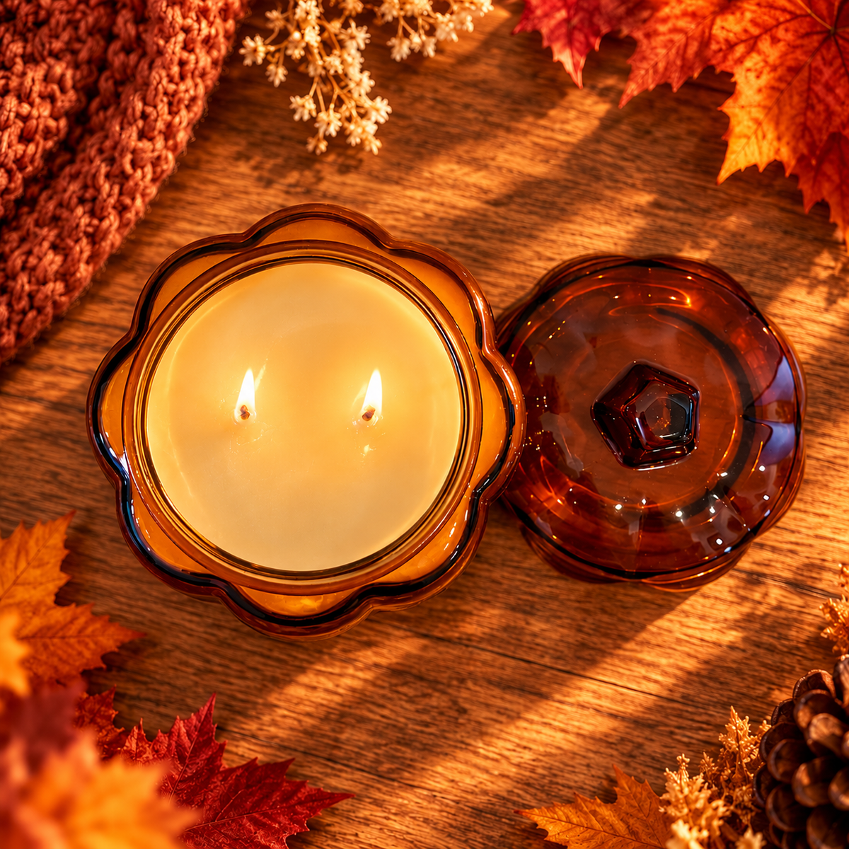 Vista superior de vela aromática de soja Calabaza Especiada de Shiro Candles Studio, encendida con dos pabilos de algodón en recipiente de vidrio ámbar con tapa.