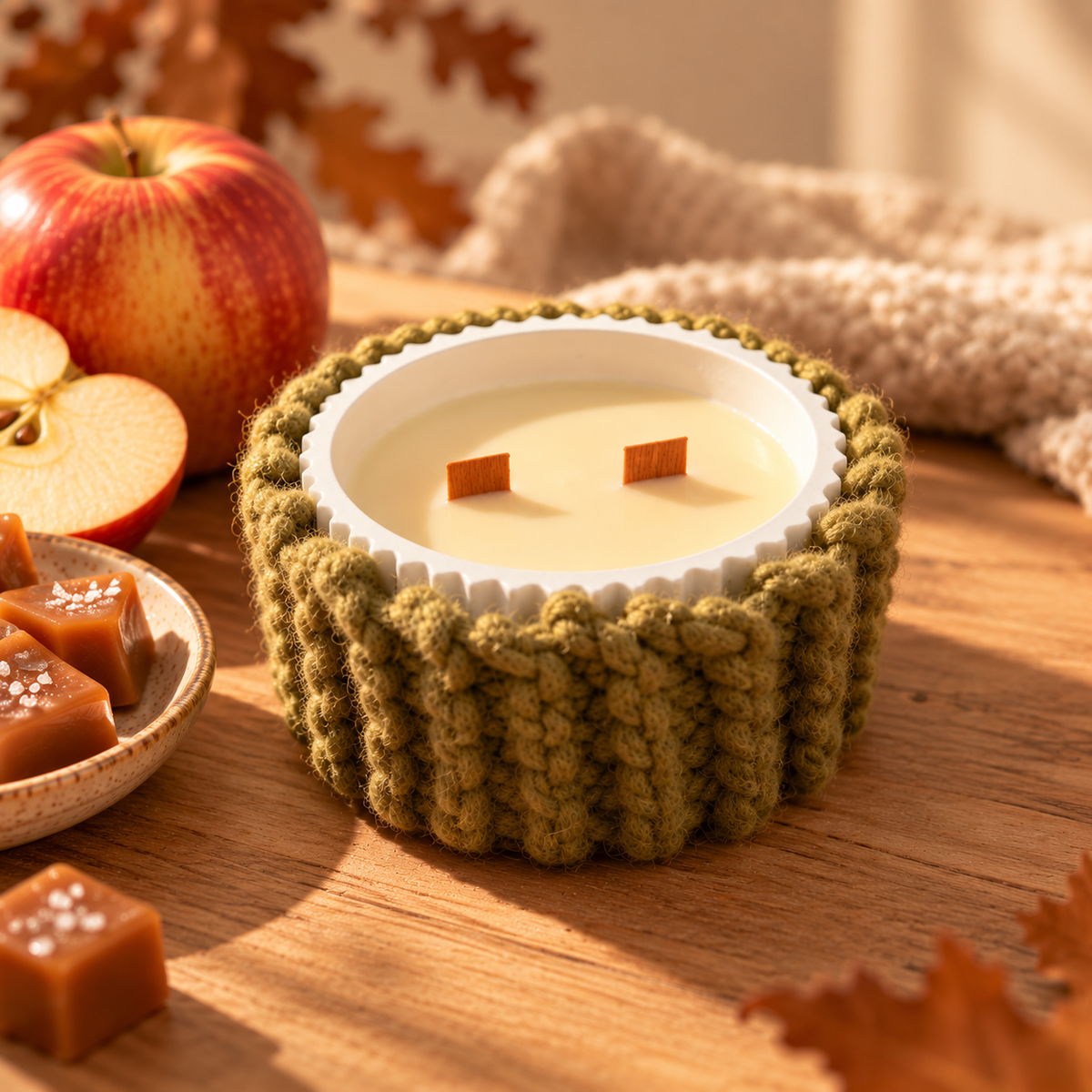 Vela aromática de Manzana Caramelizada en cera de soja, vestida con funda tejida a mano de lana de algodón, de estilo cálido y otoñal