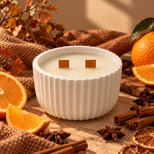 Vela aromática de soja Canela y Naranja de Shiro Candles Studio, con aroma cálido, especiado y cítrico inspirado en el otoño