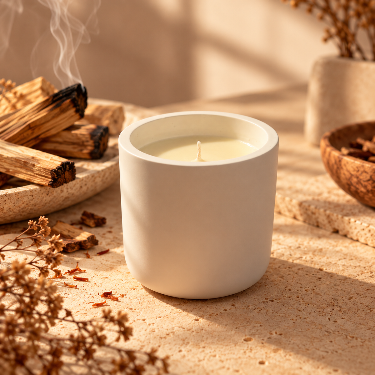 Vela aromática de Incienso y Palo Santo en cera de soja de Shiro Candles Studio, con aroma amaderado, cálido y envolvente para el hogar.
