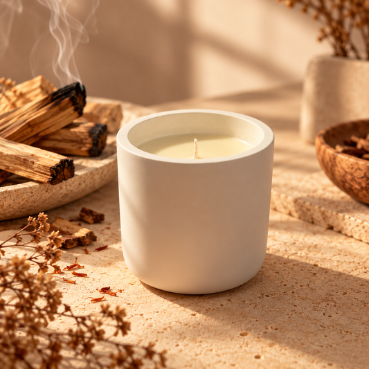 Vela aromática de Incienso y Palo Santo en cera de soja de Shiro Candles Studio, con aroma amaderado, cálido y envolvente para el hogar.
