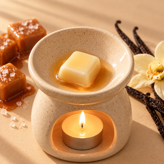Wax melt Caramelo & Vainilla de Shiro Candles Studio derritiéndose en un quemador de cera, con aroma dulce, cremoso y envolvente para perfumar el hogar.
