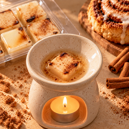 Wax melt Roll de Canela de Shiro Candles Studio derritiéndose en un quemador de cera, con aroma dulce, especiado y gourmand para perfumar el hogar.