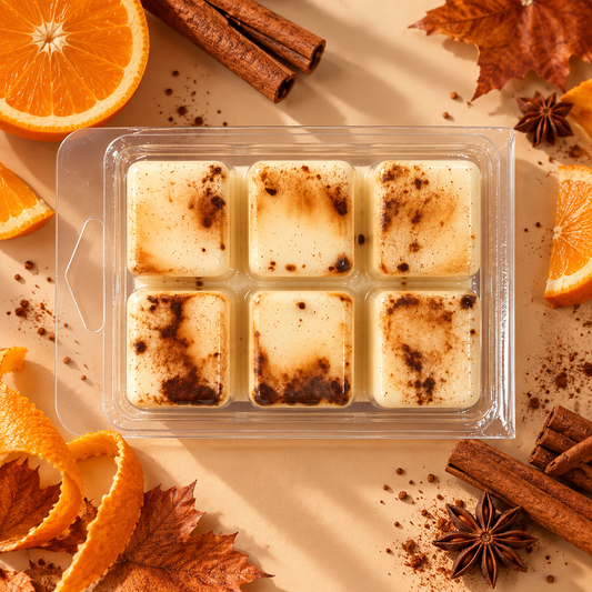 Wax melts Canela & Naranja de Shiro Candles Studio, 70 g de cera de soja en 6 porciones, con aroma cálido, cítrico y especiado para perfumar el hogar.