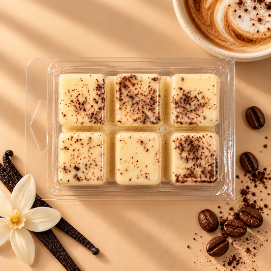 Wax melts Coffee Cream de Shiro Candles Studio, 70 g de cera de soja en 6 porciones decoradas con café, con aroma cremoso, gourmand y envolvente para perfumar el hogar.
