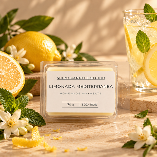 Wax melts Limonada Mediterránea de cera de soja con aroma a limón, menta y vainilla, presentados con cítricos y hojas de menta en una escena fresca y luminosa.