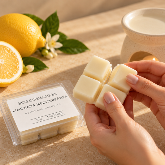 Manos rompiendo una porción de wax melts Limonada Mediterránea de cera de soja, junto a limón y quemador, mostrando cómo preparar el producto para perfumar el hogar.