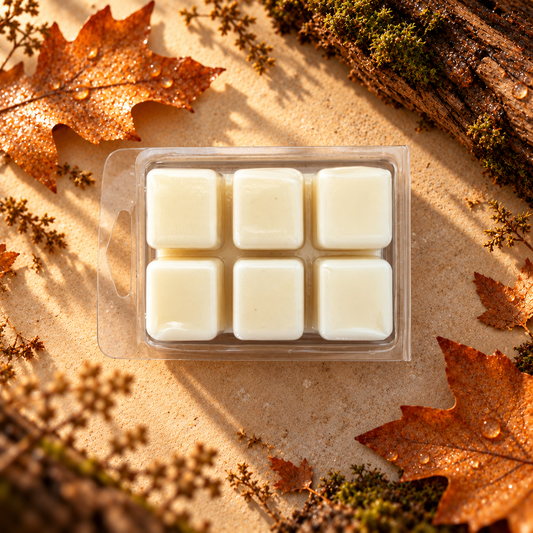 Wax melts Lluvia de Otoño de cera de soja en seis porciones, presentados entre hojas otoñales húmedas y madera, evocando lluvia, tierra mojada y un ambiente cálido.