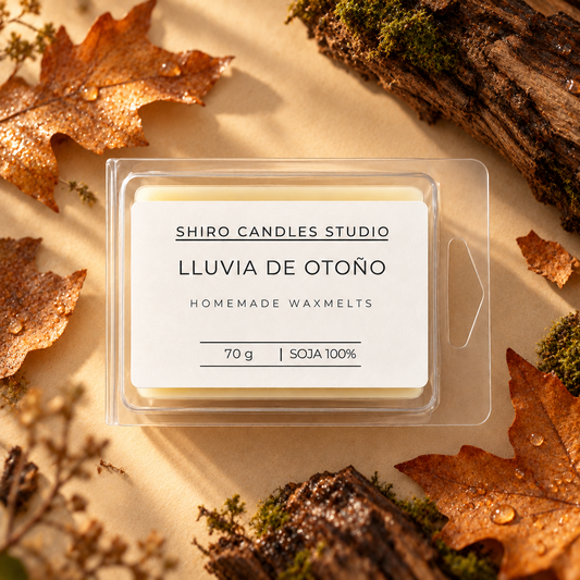 Wax melts Lluvia de Otoño de cera de soja aromática, con fragancia fresca y envolvente que evoca lluvia sobre tierra y madera húmeda con un fondo cálido y acogedor.