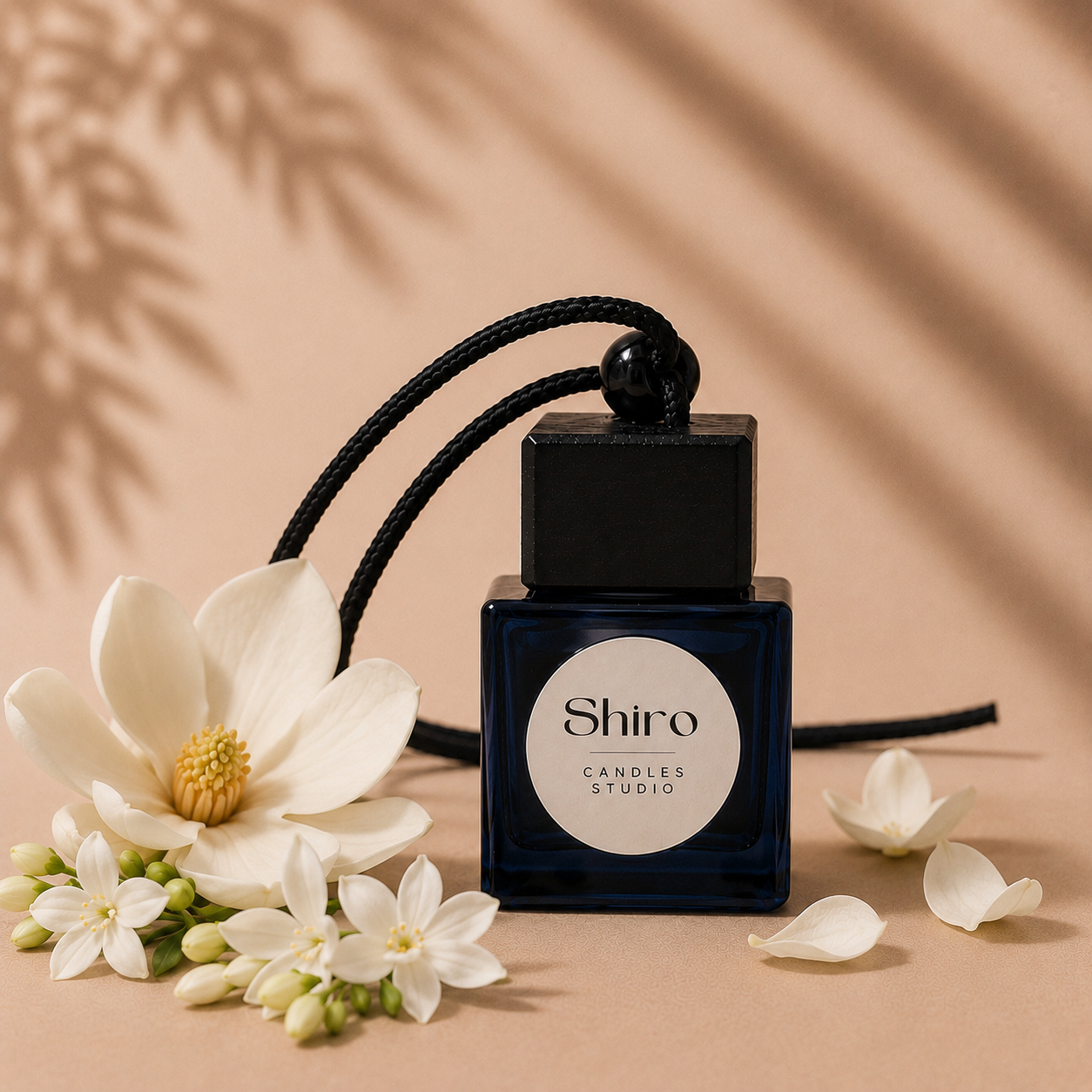 Ambientador de coche Jazmín y Magnolia de Shiro Candles Studio con delicadas flores blancas. Perfume para coche premium de larga duración con una elegante fragancia floral.