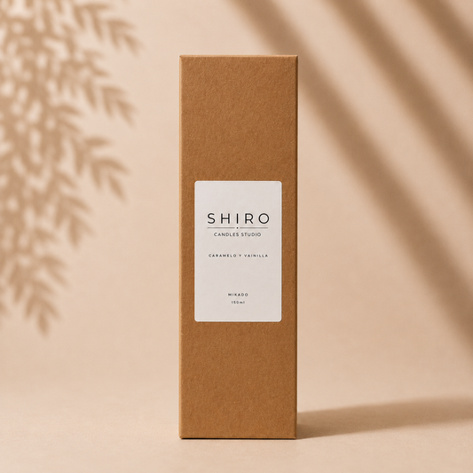 Caja del mikado Caramelo y Vainilla de Shiro Candles Studio, ambientador mikado premium con varillas difusoras y fragancia de larga duración para perfumar el hogar