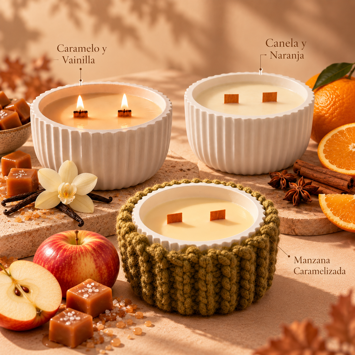 Pack de 3 velas aromáticas de soja Colección Otoño con Caramelo y Vainilla, Canela y Naranja y Manzana Caramelizada de Shiro Candles Studio