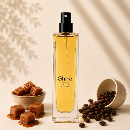 Perfume para el hogar Caramelo y Café de Shiro Candles Studio, spray ambientador premium con notas de caramelo y café para perfumar el hogar con una fragancia intensa y de larga duración
