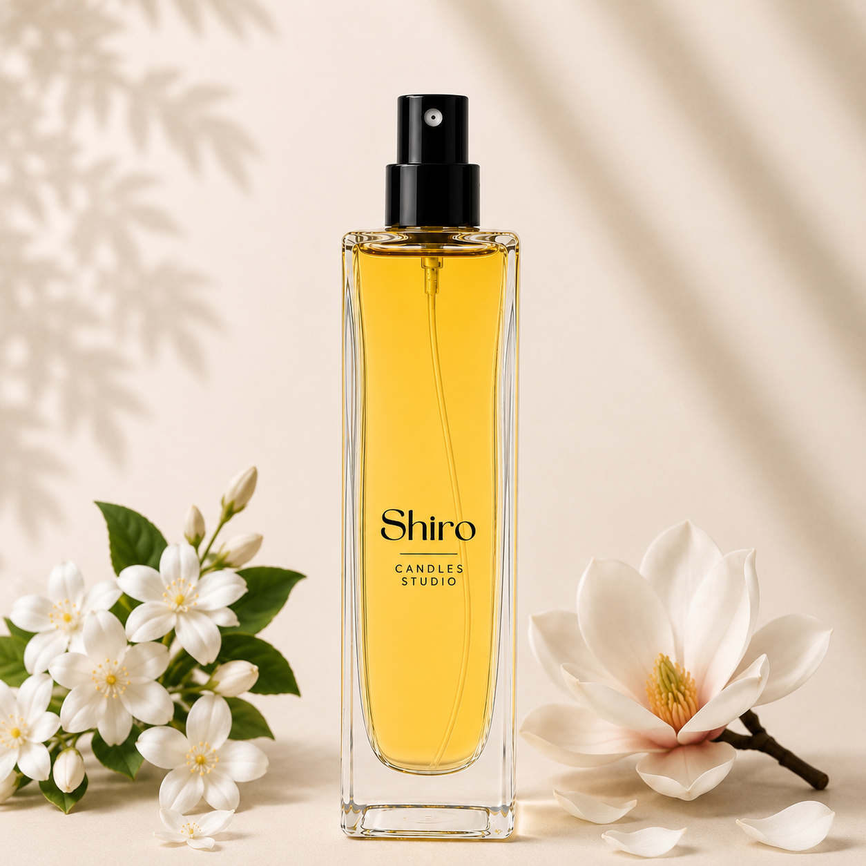 Perfume para el hogar de jazmín y magnolia de Shiro Candles Studio en frasco de cristal, spray ambientador con fragancia floral de larga duración para perfumar el hogar.