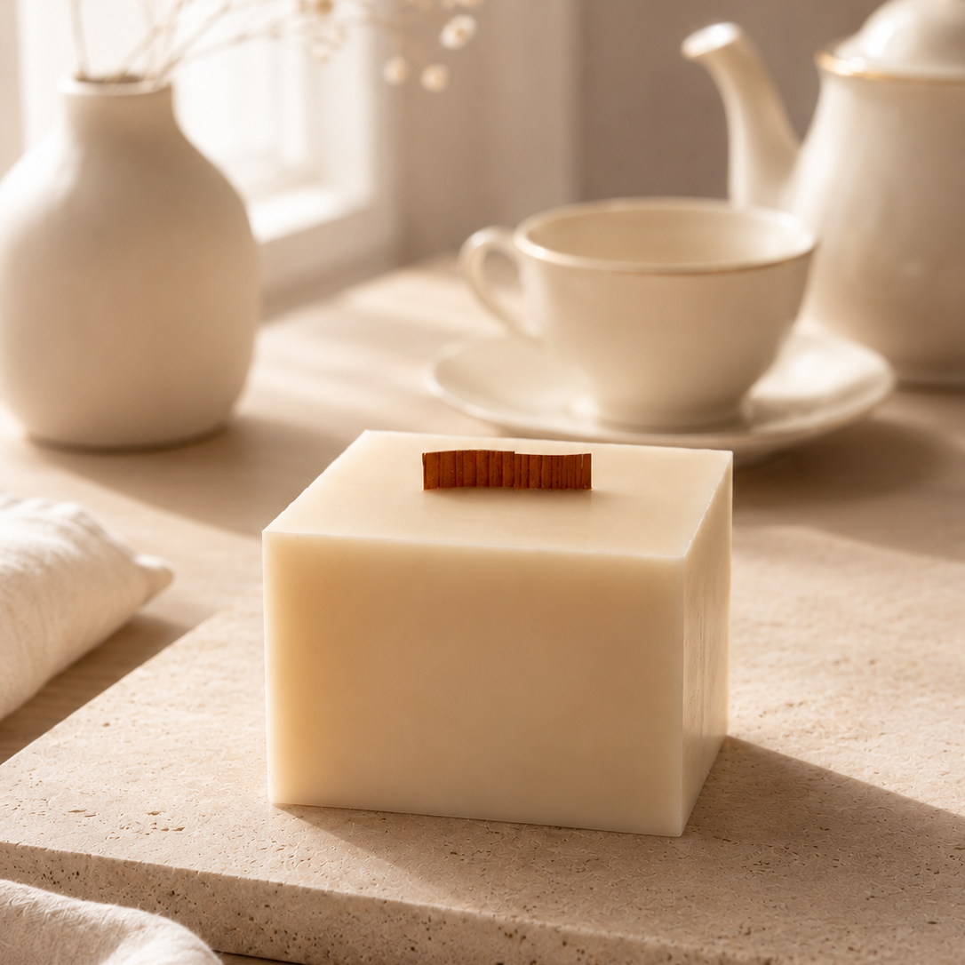 Vela decorativa de cera de soja en forma de cubo con mecha de madera ondulada, perteneciente a la colección Altea de Shiro Candles Studio, fotografiada en un ambiente cálido y minimalista