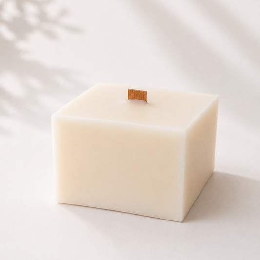 Vista en perspectiva de una vela decorativa de cera de soja en forma de cubo con mecha recta de madera, perteneciente a la Colección Altea de Shiro Candles Studio
