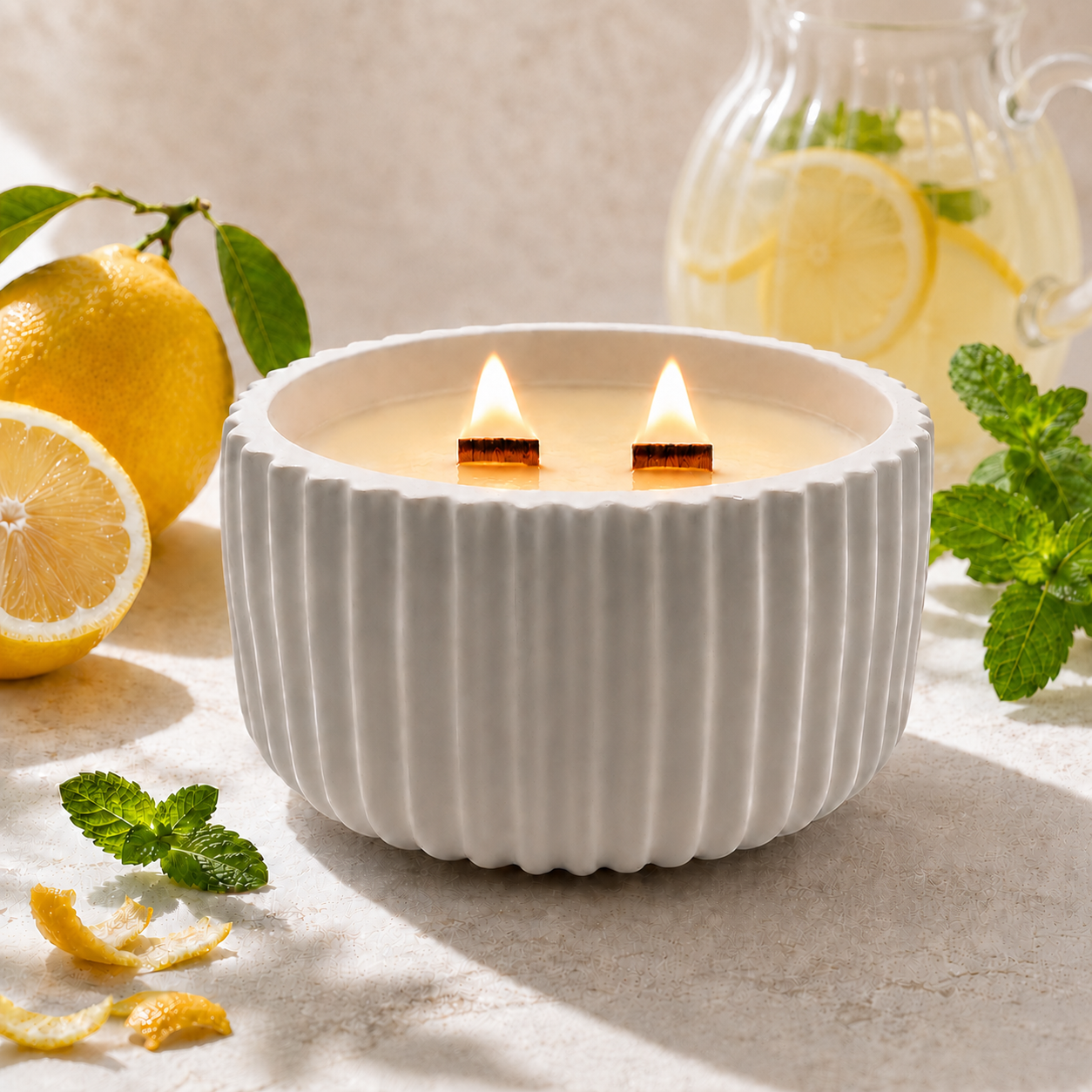 Vela aromática Limonada Mediterránea de Shiro Candles Studio con doble mecha de madera, rodeada de limones frescos, hojas de menta y almíbar en un elegante ambiente mediterráneo iluminado por luz natural.